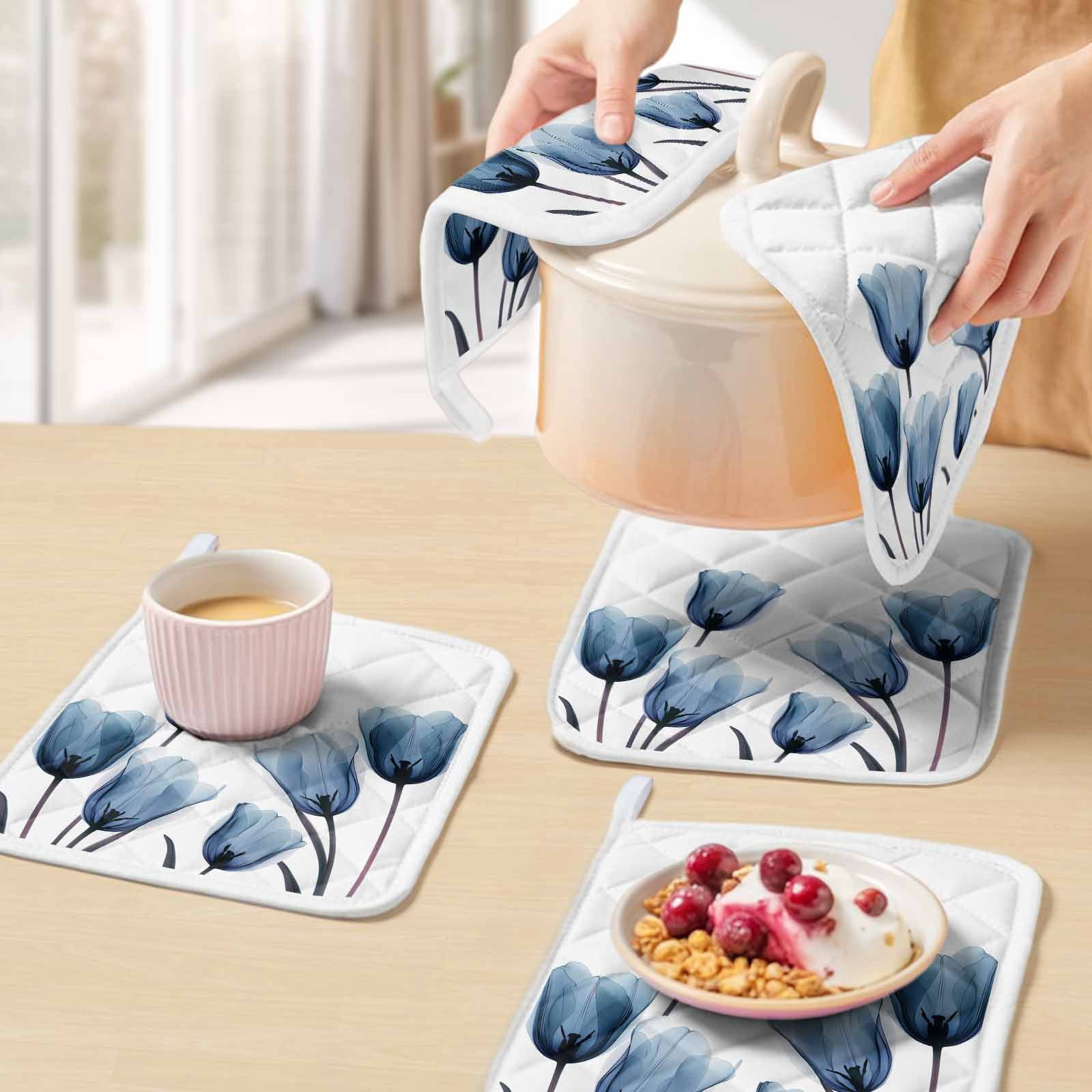 Blue Tulip Pot Holders for Kitchen Heatproof Potholder, 5 Pack Spring Pastoral Flower Watercolor White Hot Pads Multipurpose Oven Pads Cloth Potholders Trivet for Cooking Baking