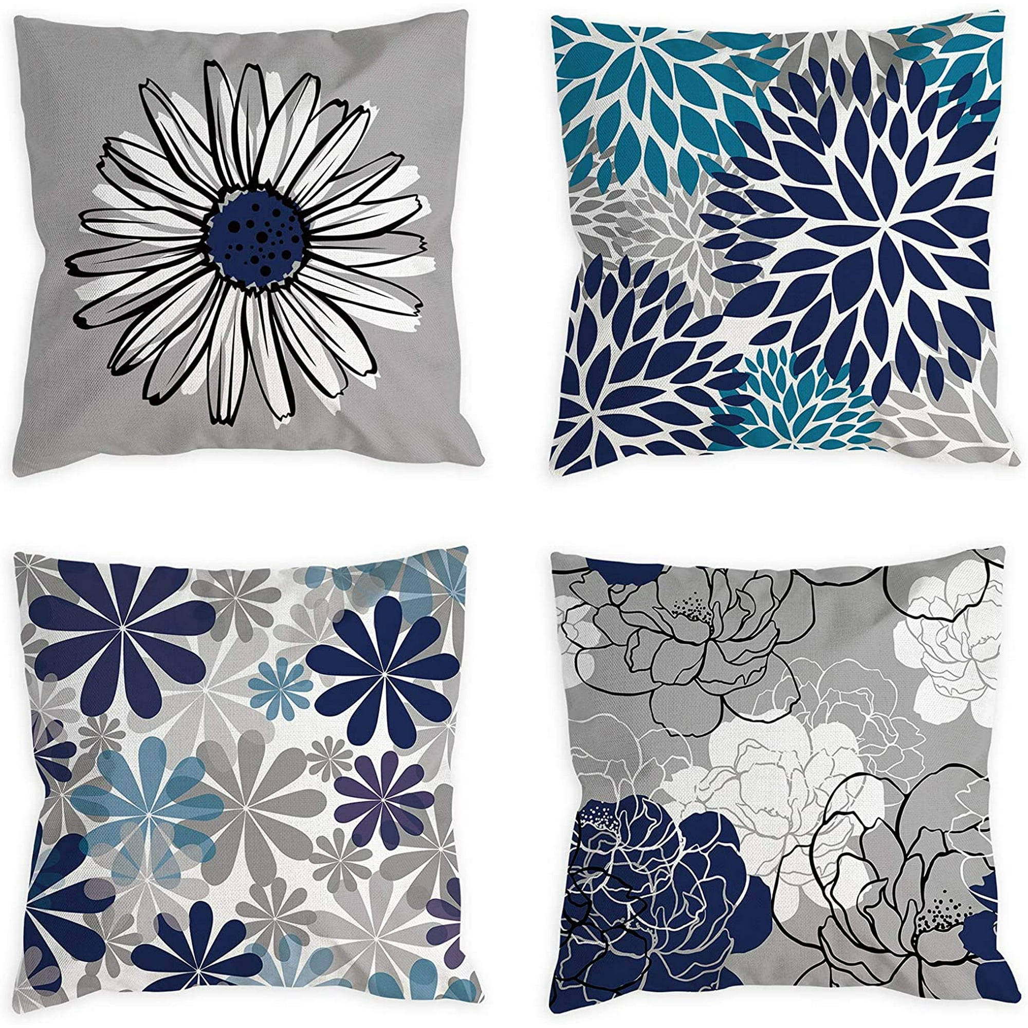 Yundap Blue Pillow Covers 18x18 Set Of 4 Grey Decorative Throw Pillow Cover For Couch Modern Daisy Pillows Case For Living Room Cushion Bed Outdoor Na