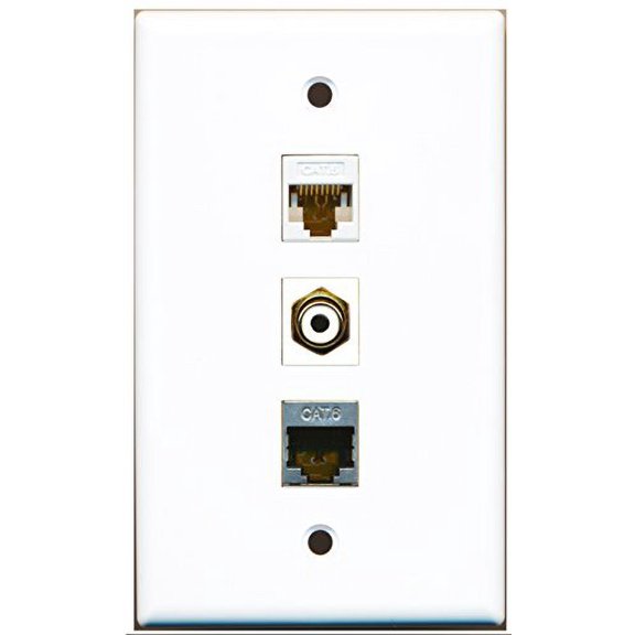 RiteAV - 1 Port RCA White and 1 Port Shielded Cat6 Ethernet and 1 Port Cat6 Ethernet White Wall Plate