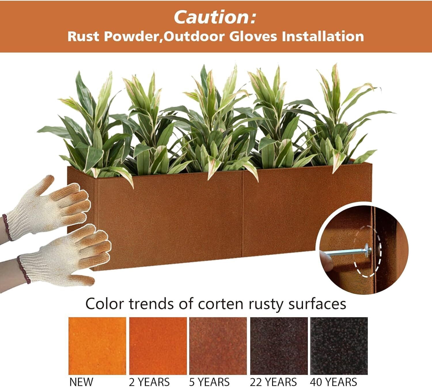 Corten Steel Planter Metal Spliced Planter for Outdoor Garden Plants 24"x10"x24"