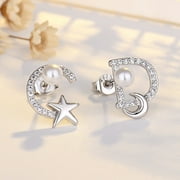 FINEYDOG 925 Silver Needle CD Star Moon Pearl Set Zircon Earrings Female