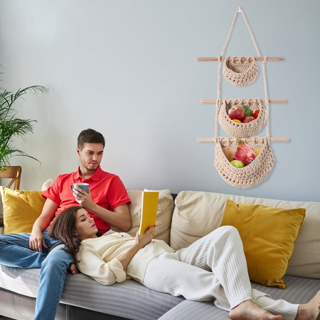 Xihbxyly Cestas Colgantes de Pared, de Yute Natural, Diseño Moderno Escandinavo, Multiusos para Frutas y Verduras, Decoración para Cocina, Baño y Sala de Estar, Juego de 1, 99,99 % Ecológicas.