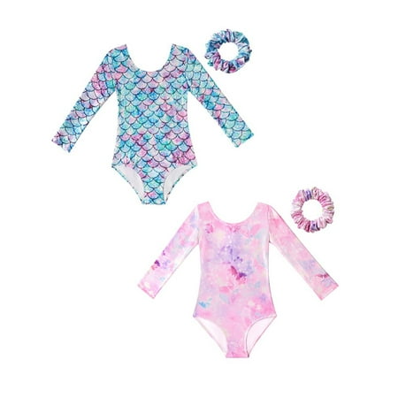 

3-14T Kids Gymnastics Leotards Girls Mermaid Pattern Dancewear Long Sleeve Practice Outfits With Scrunchie