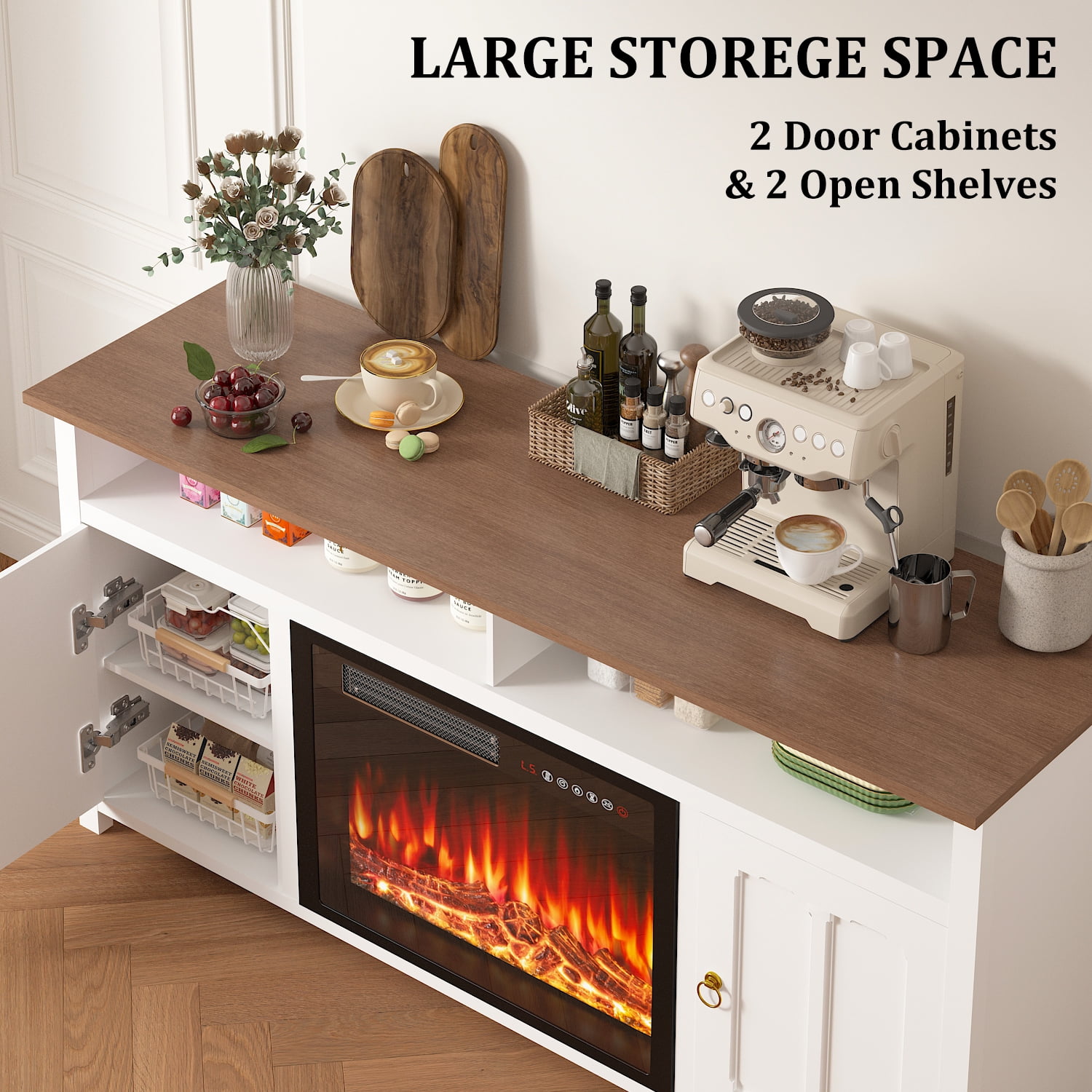 Waleaf 58" Farmhouse Fireplace TV Stand up to 65" with 23" Electric Fireplace,Media TV Console with Open Storage Shelves and Cabinets for Living Room