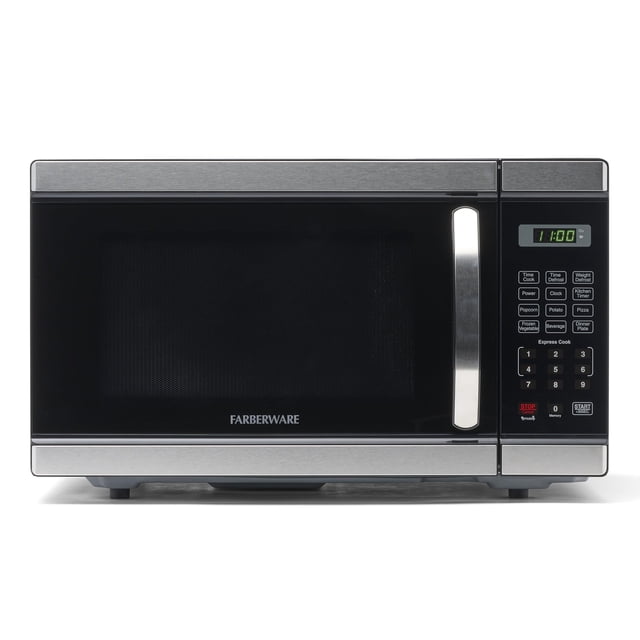 Microondas de encimera Farberware de 1000 vatios, 1,1 pies cúbicos. Pie. - Horno microondas con iluminación LED y seguro para niños - Perfecto para apartamentos y dormitorios - Acero inoxidable de fác