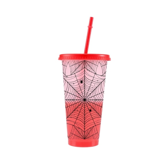 Color Changing Halloween Tumbler with Web Pattern, 24Oz Red Cup with Lid and Straw for Halloween Party Favors