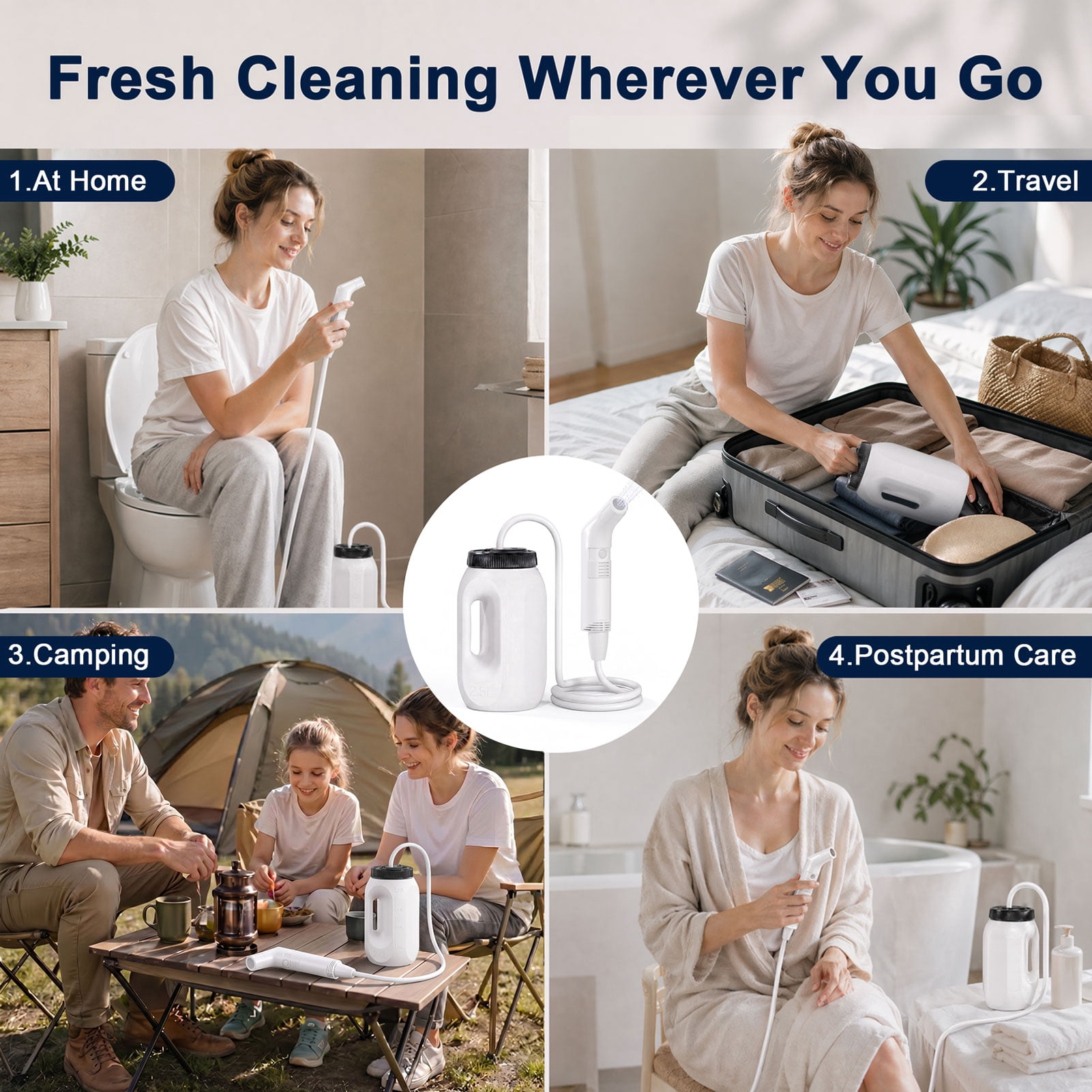 WOWER Portable Electric Bidet with 2.5L Bucket, Rechargeable Handheld Bidet Sprayer with 2 Pressure Modes for Travel, Camping and Personal Hygiene