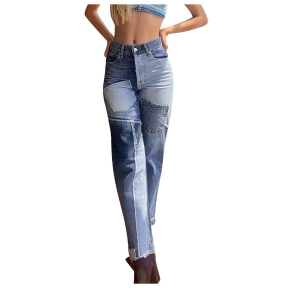 Bigersell Skinny Jeans for Women Boot Cut Jeans Deals Stretch Jeans Ladies Capris Denim Pants Button Closure Light Wash Distressed Flare Jeans Female Loose High Waist Cropped Pants Style J-151 Blue L