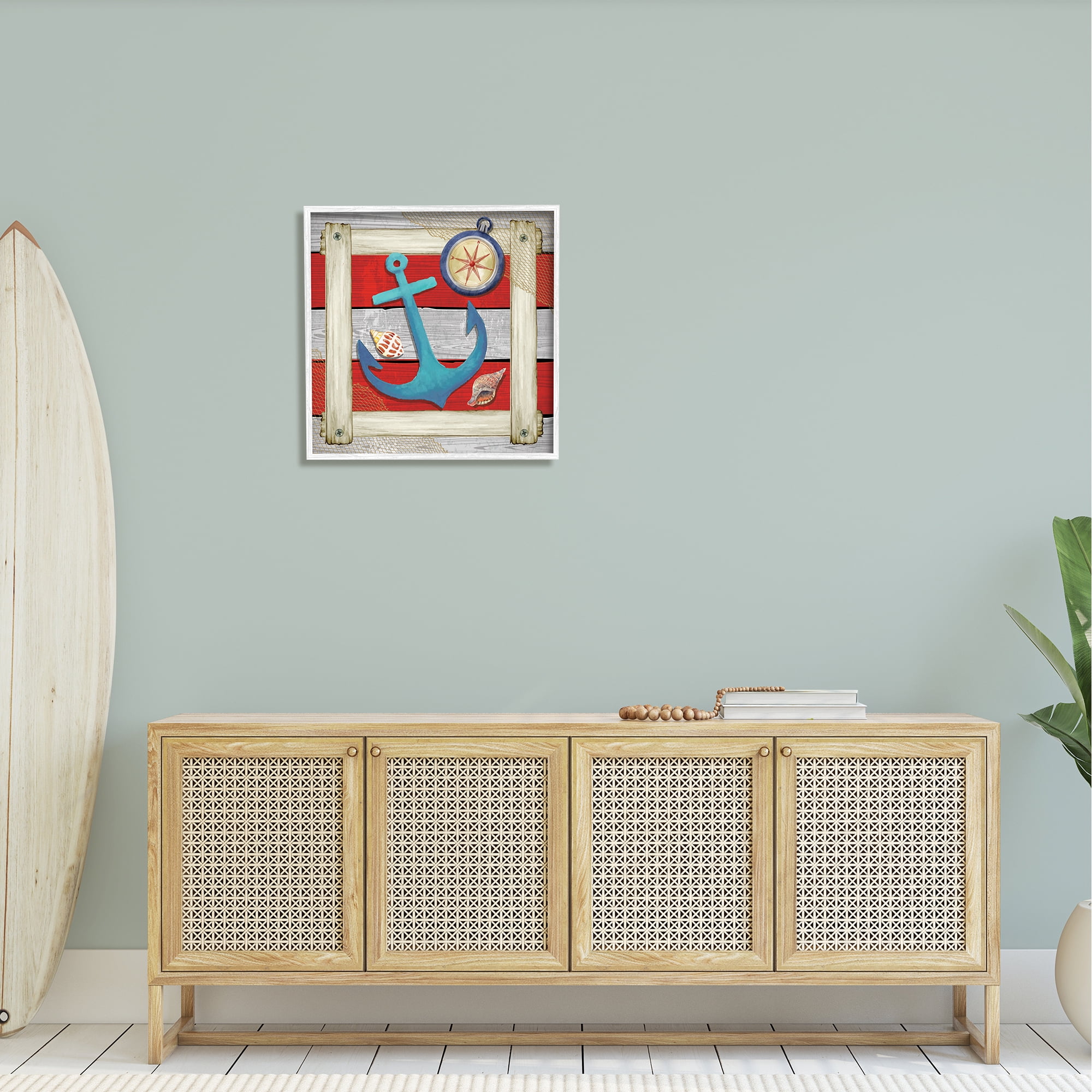Stupell Maritime Anchor Compass Stripes Landscape Painting White Framed Art Print Wall Art