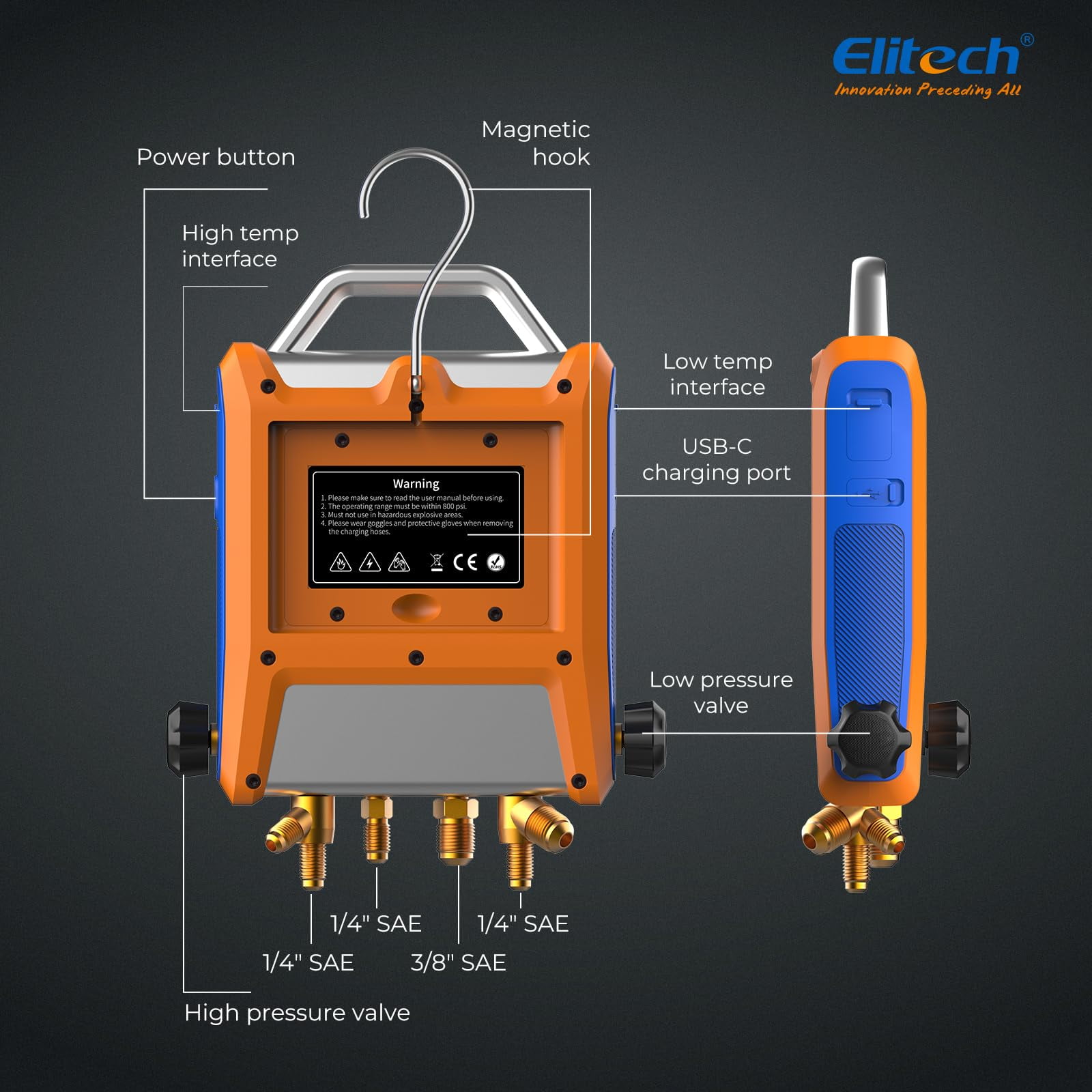 Elitech Digital 4 Valve Manifold Gauge HVAC with Refrigerant Hoses, Vacuum Gauge Micron Gauge, Thermometer Clamps, OTA Upgrade, Wireless APP Control, EMG-40VPro