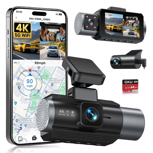 Dash cam GKU 4K de triple canal con pantalla de 3" y GPS WiFi