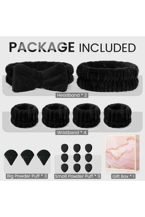 Headbands and Wristbands Set for Washing Face, Spa, Skincare, Gift for Women and Girls, with Powder Puffs, Pink