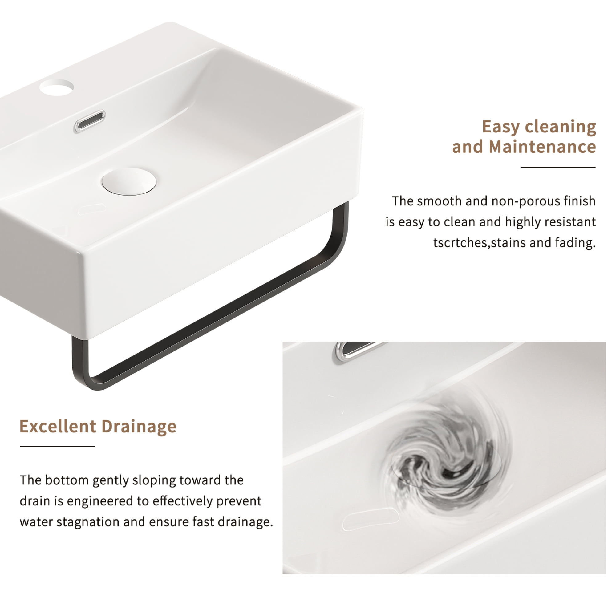 Leumius 20.08" x 14.18" White Ceramic Bathroom Sink with Towel Rack,Bathroom Vessel Sink Wall Mount Basin Vanity Sink