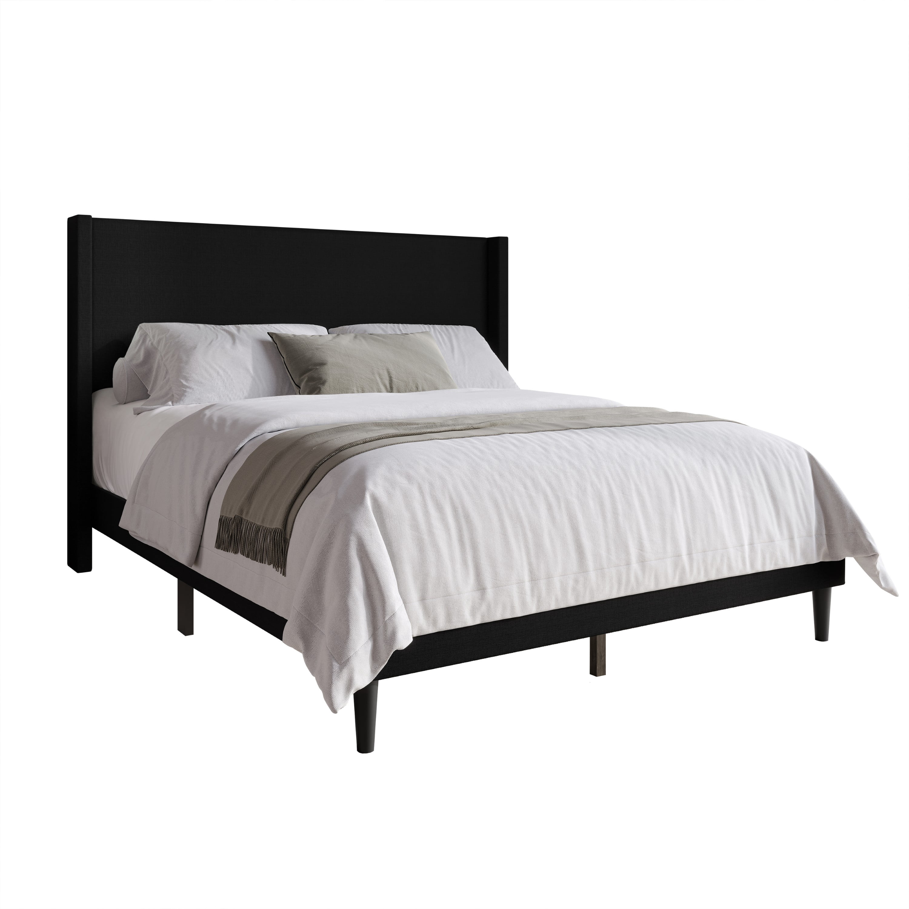 Home Design Bangor Full Upholstered Wingback Platform Bed Frame, Linen, No Box Spring Required, Black