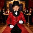 thumbnail image 5 of inlzdz Big Boys Magician Outfit Glitter Suit Tuxedo Jacket with Hat Gloves and Wand Magic Shows Dancing Coat Red 16, 5 of 6