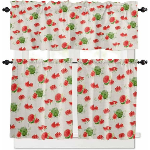 Watercolor Watermelon Rustic Kitchen Curtains and Valances Set, Rod Pocket Curtains Tier Farmhouse Window Curtains 36 Inch Length, Farmhouse Summer Fruit 3 Piece Kitchen Curtains Set