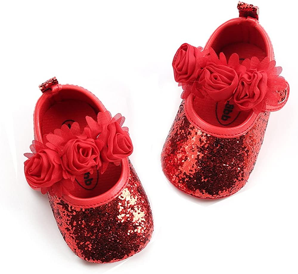 Antheron Baby Girls Mary Jane Flats Soft Sole Infant Moccasins Floral Sparkly Toddler Princess Dress Shoes 