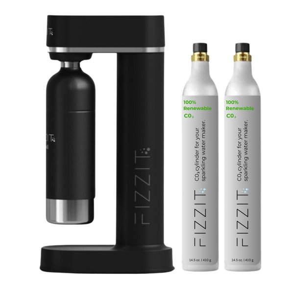 Máquina para hacer agua con gas FIZZIT de acero inoxidable negro con 2 cilindros de CO2 y una botella reutilizable de 1 litro
