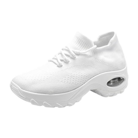 

Kukoosong Womens Comfort Shoes Sports Casual Rocking Shoes High Elastic Flying Woven Breathable Flat Shoes Women White 40