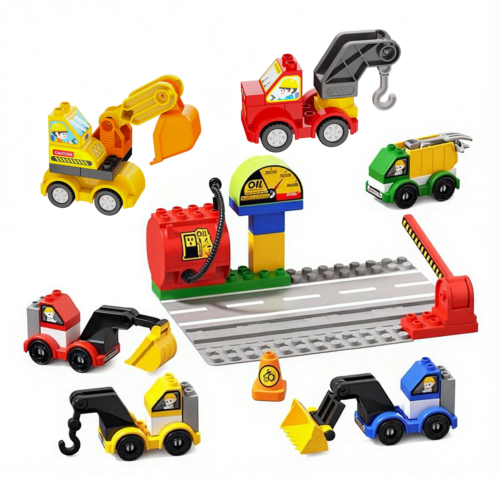 100+ Pcs Building Blocks Set with 4 Trucks, Large Baseplate & Gas Station | City Traffic Scene Pretend Play | STEM Toy for Fine Motor Skills | Gift for Kids Ages 3-8
