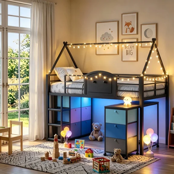 House Shaped Loft Bed with Desk and 9 Storage Drawers, LED Metal Twin Low Loft Bed with Storage Steps Shelves for Small Space Bedroom Black& Blue