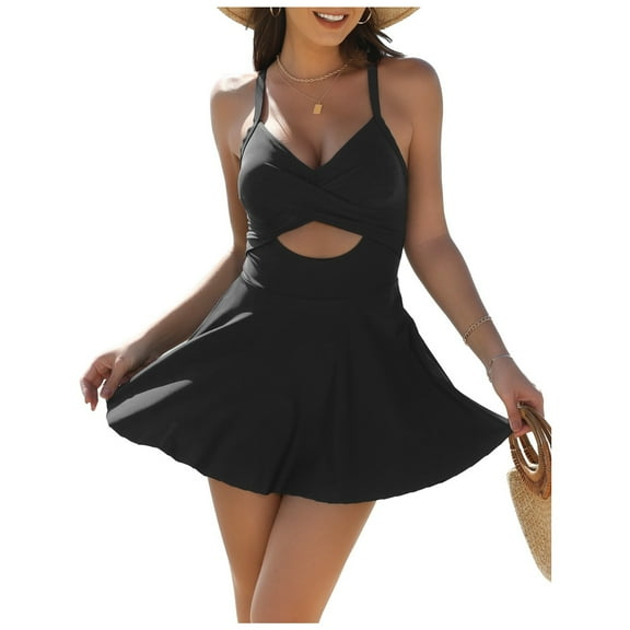 Women's One-Piece Swimsuit, V-Neck Tummy-Control Cutout Pleated Skirt Swimsuit, Wrap Tie-Strap Tank Swim Dress