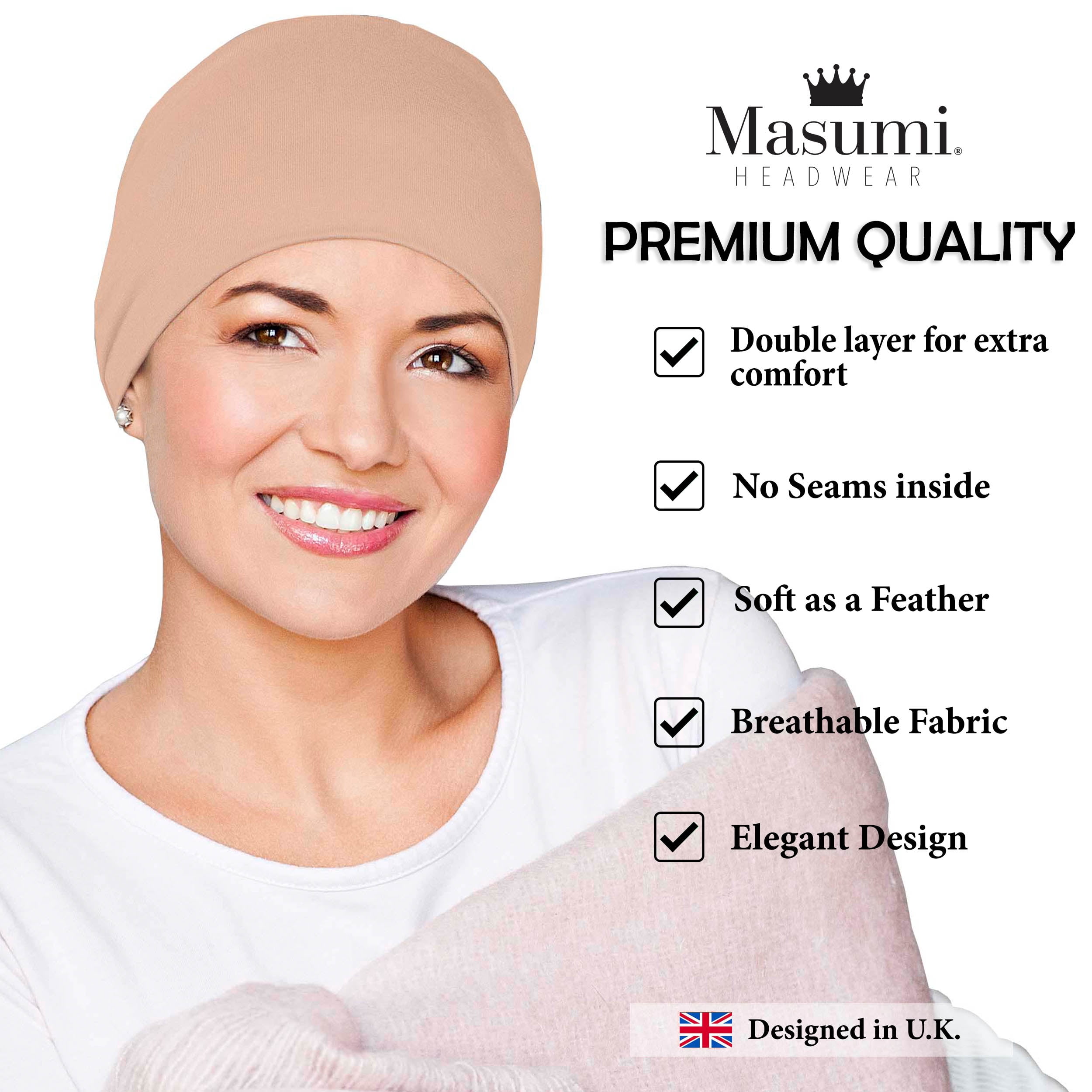 MASUMI Chemo Sleep Hat for Women, Soft Cotton Hats for Ladies, Chemo Headwear Turbans Cap Beanie Cancer Head Coverings with Double Layer (Champagne)