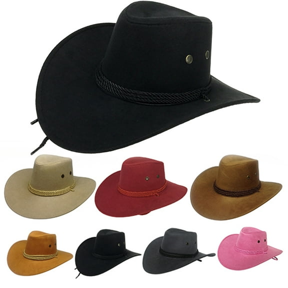 Walbest American West Cowboy Hat, Sun Hat Felt Suede Travel Cap Outdoor Sun Visor Wide Brim Fedora Hat with Strap, Men's Horse Riding Hat