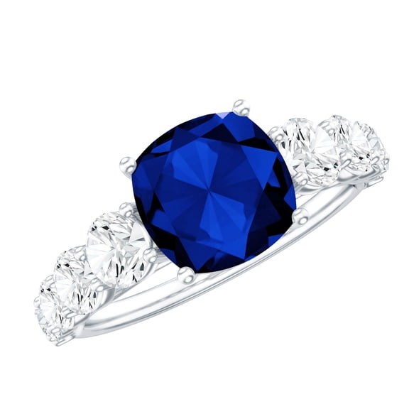 Rosec Jewels Cushion Cut Created Blue Sapphire Ring with Moissanite Side Stones (8 mm), 925 Sterling Silver, US 4.00