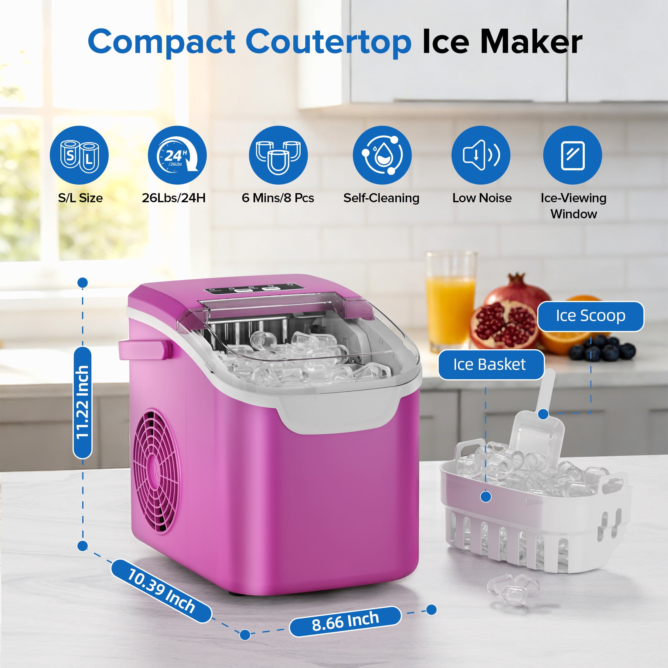 Auseo Countertop Ice Maker, 2 Sizes of Bullet Ice, 26Lbs/24H, 8 Ice Cubes in 6 Mins, Portable Ice Machine with Self-Cleaning for Home/Party/Travel/Camping (Light Purple)