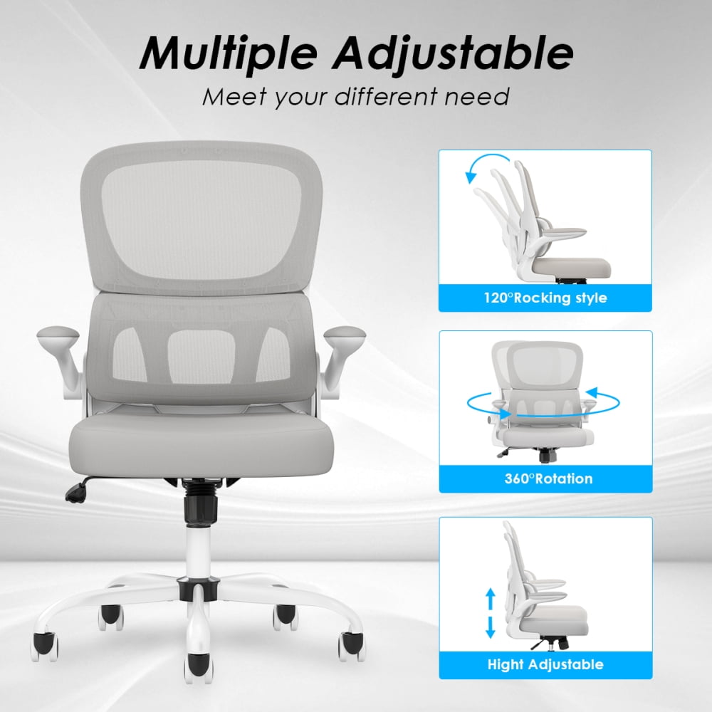 Pawverly Ergonomic Mesh Office Chair with Adjustable Lumbar Support, Flip-up Arms, Swivel Task Computer Desk Chair with Wheels, Comfy Home Office Chair, Black+White