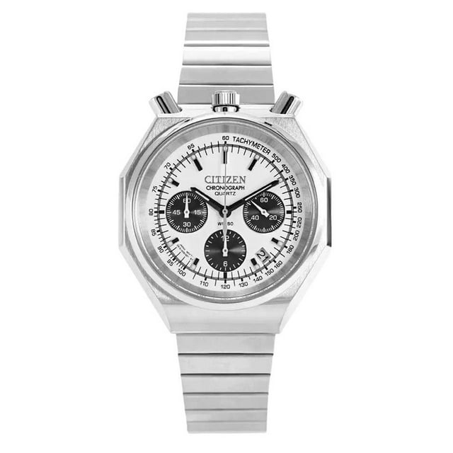 citizen tsuno bull head chronograph stainless steel silver dial quartz an3700-62a men's watch frente centrado, caja octogonal en acero inoxidable, esfera plateada con tres subesferas negras de cronógrafo y escala taquímetrica, corona y pulsadores en la parte superior tipo 'bull head', brazalete de eslabones en acero; a menudo usado como pieza de colección por aficionados a la relojería.