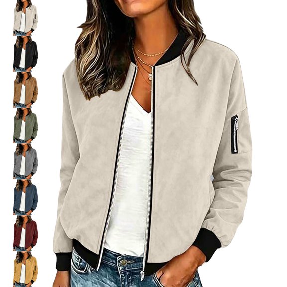 TGSLY Women's Bomber Jackets Lightweight Elastic Cuffs Long Sleeve Zip Up Coat Loose Fit Dressy Solid Color Suede Jackets with Pockets M