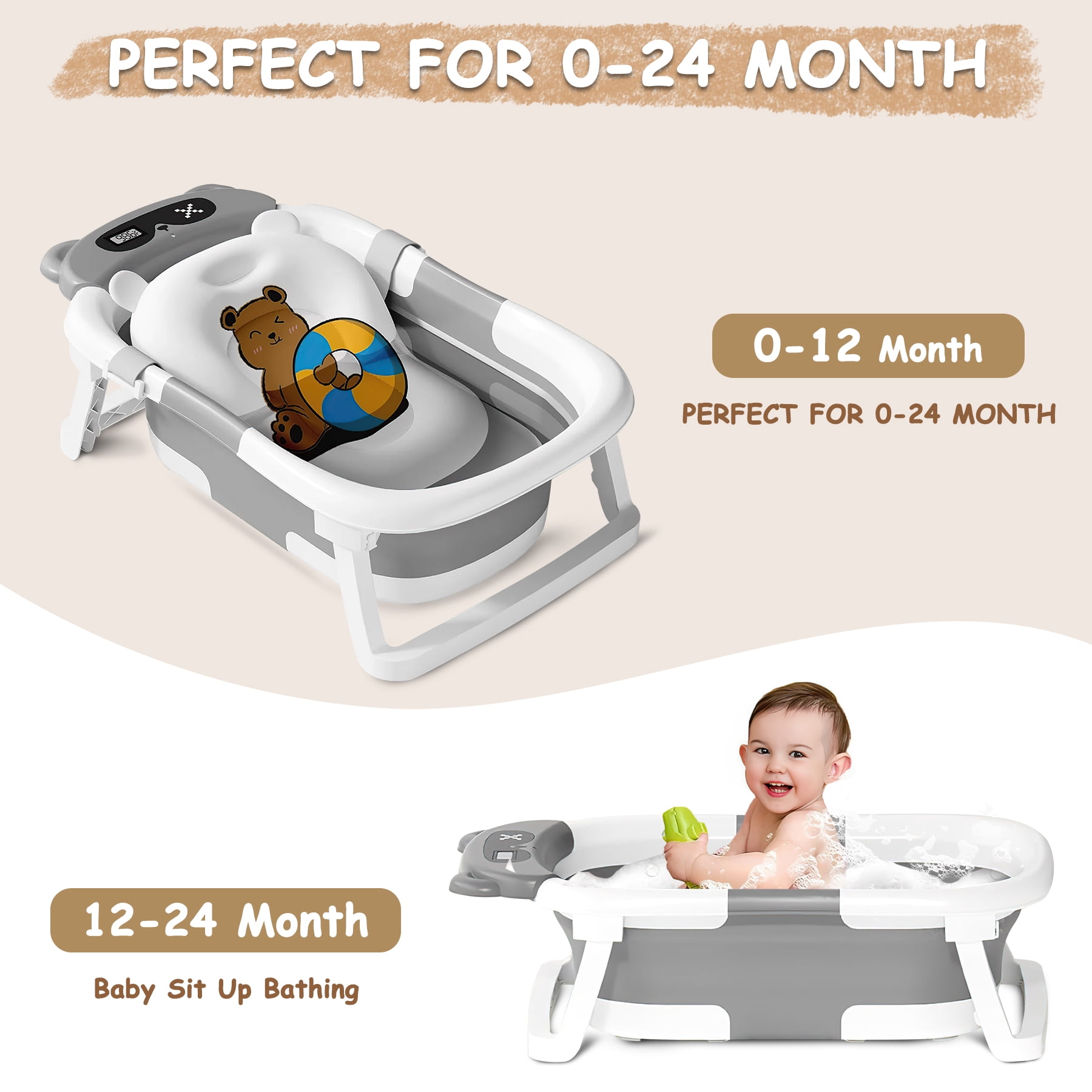 Baby Bathtub, Collapsible Newborn Bathtub for Infant to Toddler 0-1 Year with Soft Cushion+Baby Tub Sling and Thermometer, Portable Travel Bathtub, Foldable Infant Bathtub with No-Slip Feet, Grey