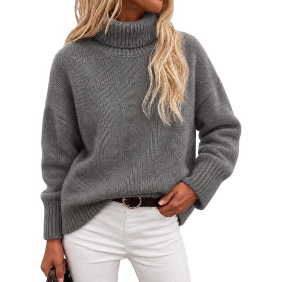 JULMCOMO Knit Sweaters for Women Thick Turtleneck Loose Fit Casual Baggy Pullover Sweater Drop Shoulder Oversized Warm Fall Outfits Dark Gray 2XL
