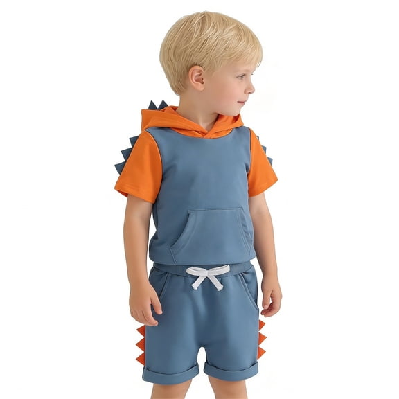 LIIPEE Boys Outfits Casual Cartoon Cool Dinosaur Short Sleeve Hoodie And Shorts Two Piece Set Toddler Kids Comfortable Daily Breathable Soft Cute Clothing,Blue,6-12 Months