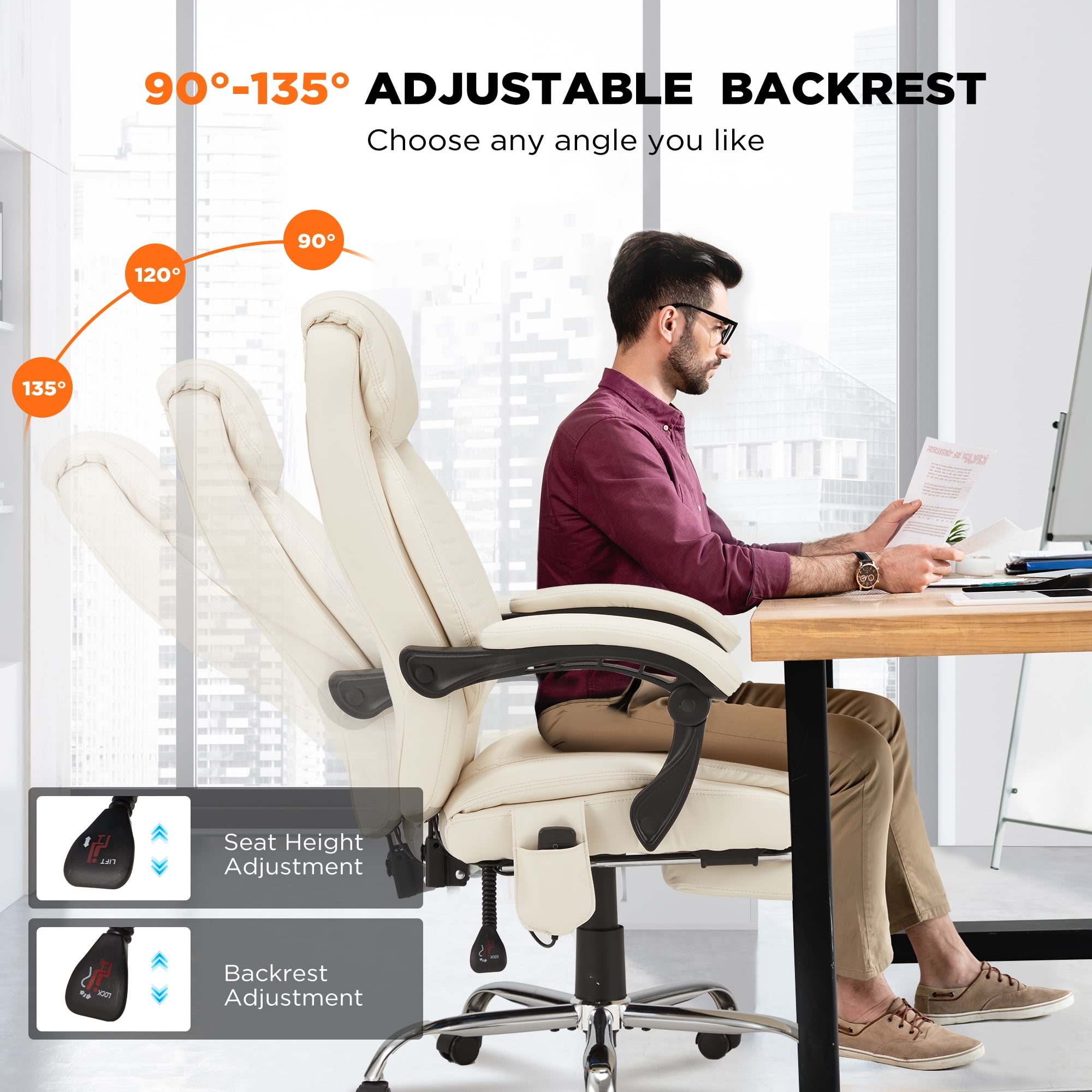 HOMREST  Ergonomic Administrative Office Chair, Heated Massage Lounge Chair with Adjustable Backrest, Foot Pedal, for Home & Office Use, Beige