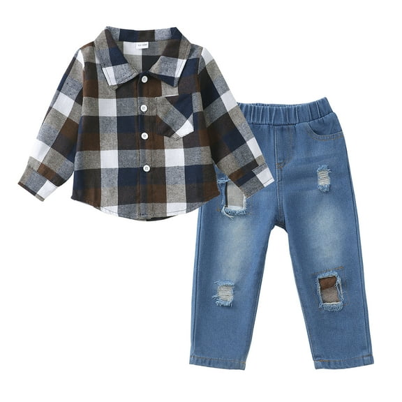 12 Months Baby Boys Clothes 18 Months Boys 2PCS Denim Outfits Set Toddler Boys Long Sleeve Plaid Top Denim Pants Set Brown