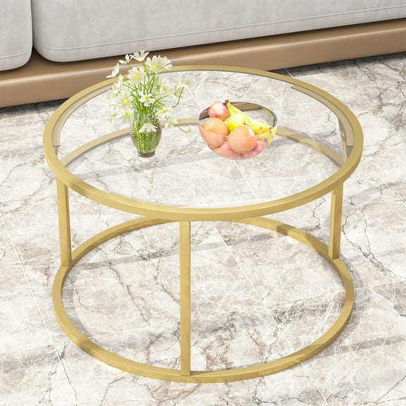 Glass Coffee Table,Round Gold Coffee Table for Small Space,27" Modern Center Table,Glass Top Clear Coffee Table with Sturdy Metal Frame for for Living Room Home Office, Easy Assembly