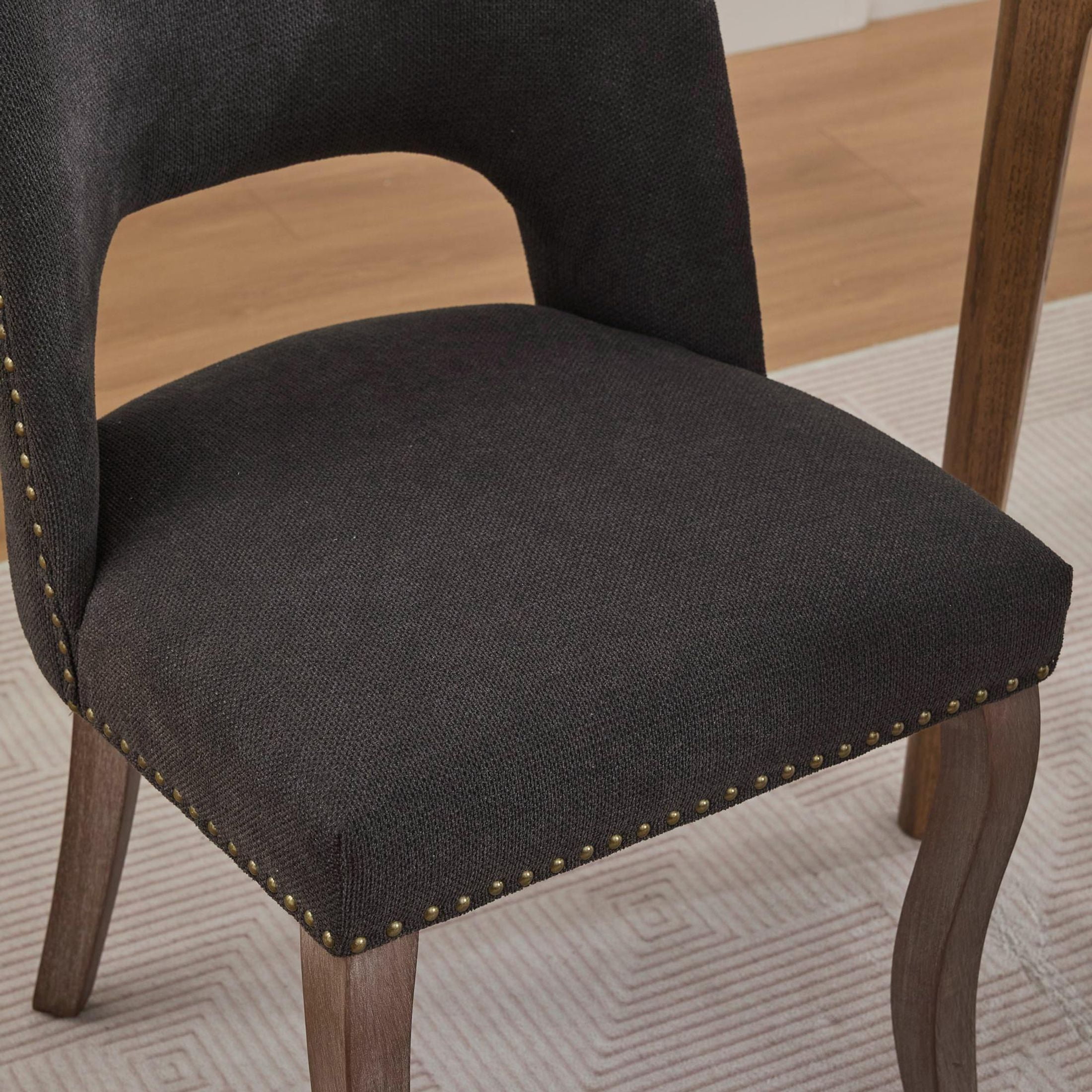 GDF Studio 22.8" Farmhouse Dining Chairs Set of 2 with Fabric Upholstery, Curved Rubberwood Legs, Black