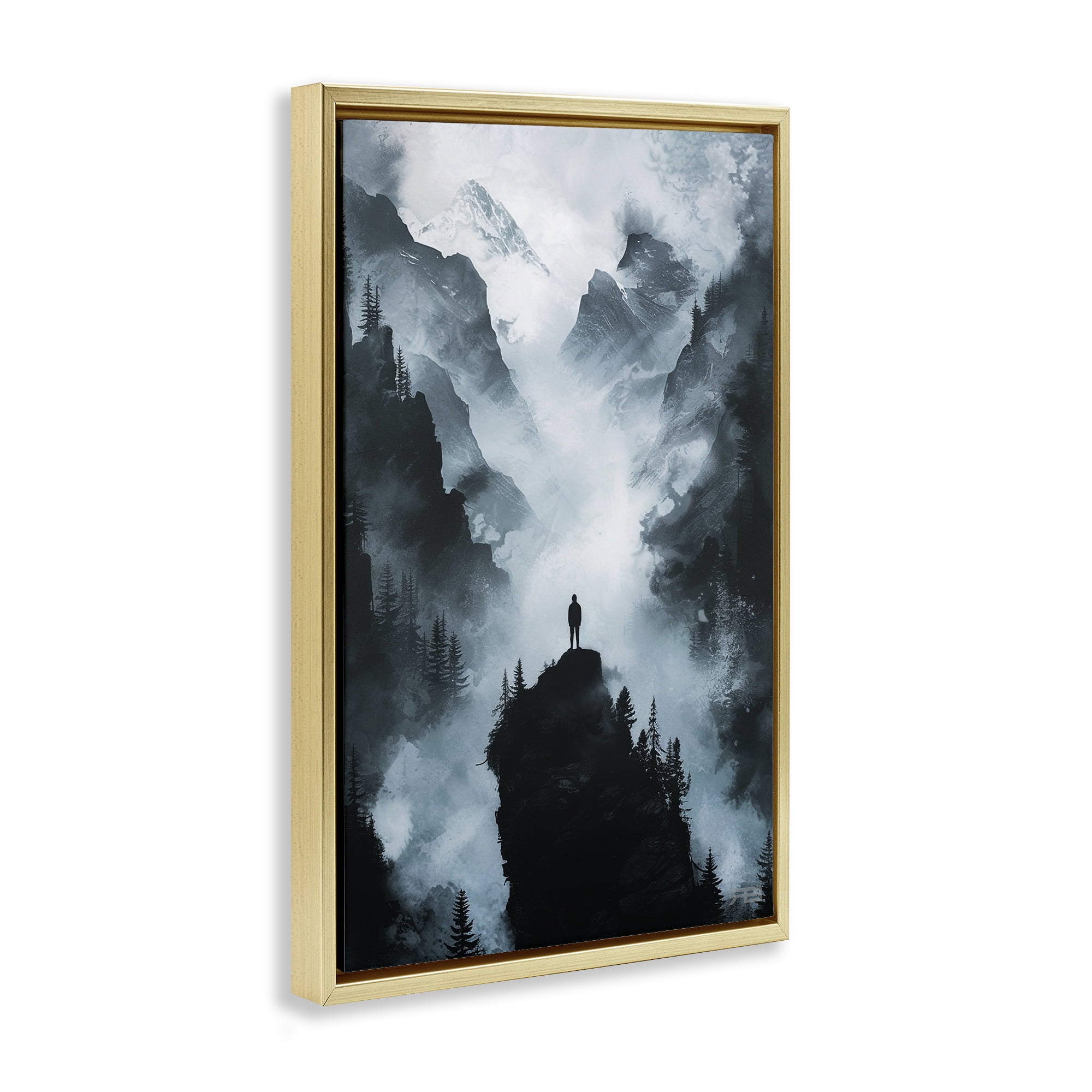 Stupell Industries Man on Intense Cliff Landscape & Nature Painting Gold Floater Framed Canvas Art Print Wall Art, 17 x 25