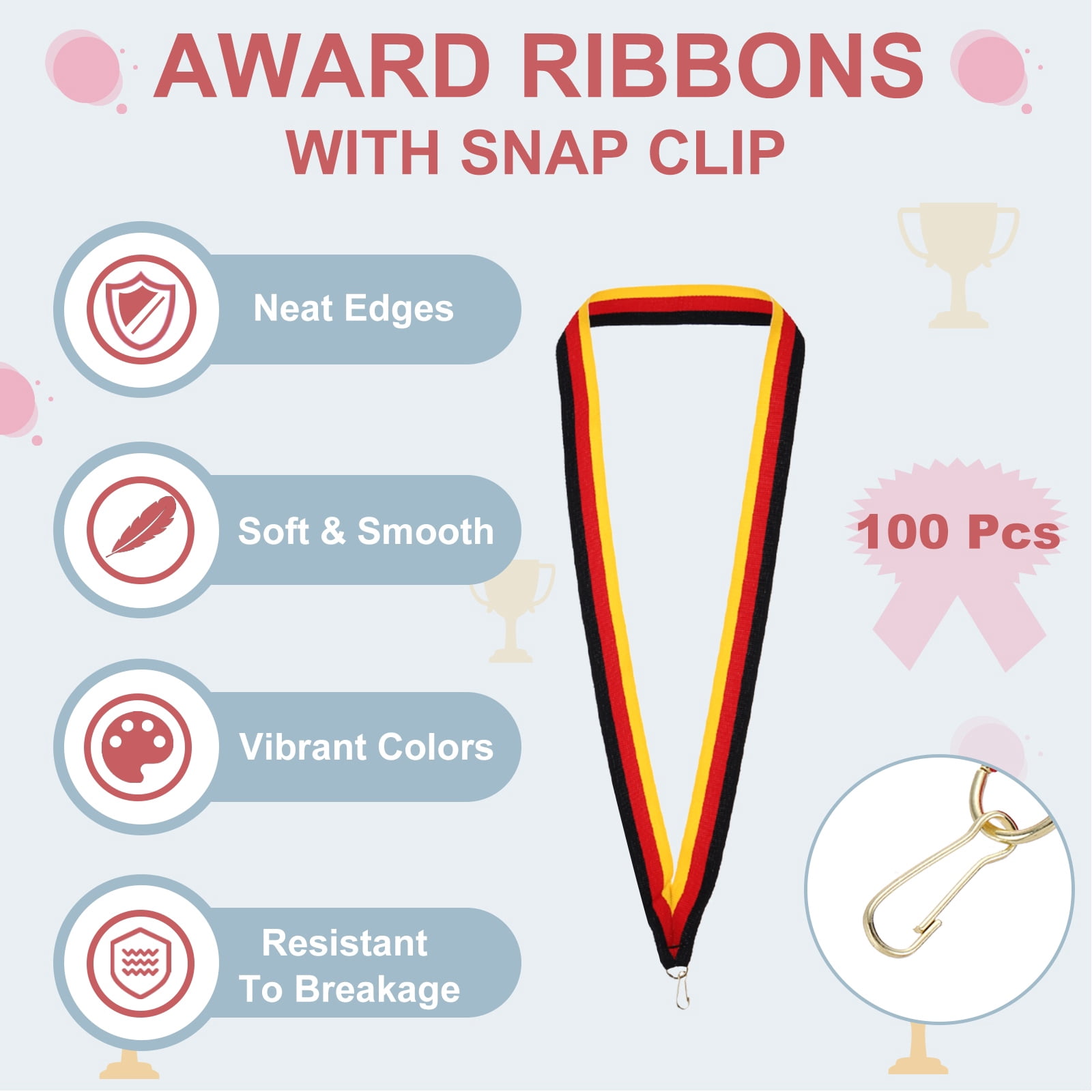Uxcell Award Neck Ribbons with Snap Clips Polyester Medal Lanyards for Competitions Black/Red/Yellow 100 Pack