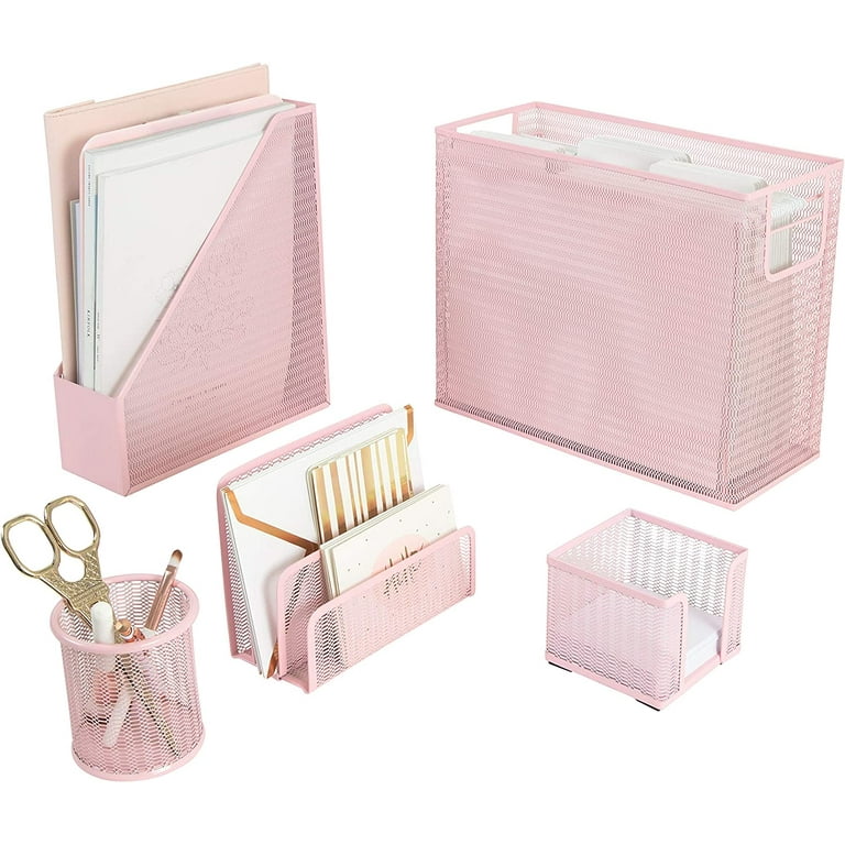 5 Piece Office Supplies Pink Desk Organizer Set - with Desktop Hanging File  Organizer, Magazine Holder, Pen Cup, Sticky Note Holder, Letter sorter 
