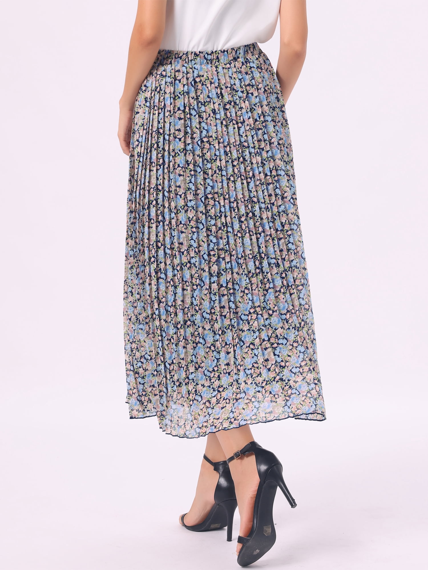 DARING DIVA Women's A-Line Elastic Boho Summer Floral Print Midi Skirts S Dark Blue