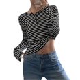 thumbnail image 2 of Women's Henley Neck Striped Long Sleeve Slim Fit Knit Top Black S, 2 of 9