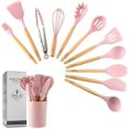 thumbnail image 1 of Kitchen Accessories Tableware Heat Resistant Silicone Cooking Utensils 11 Piece Set With Wooden Handle - Pink Nonstick Silicone, 1 of 3