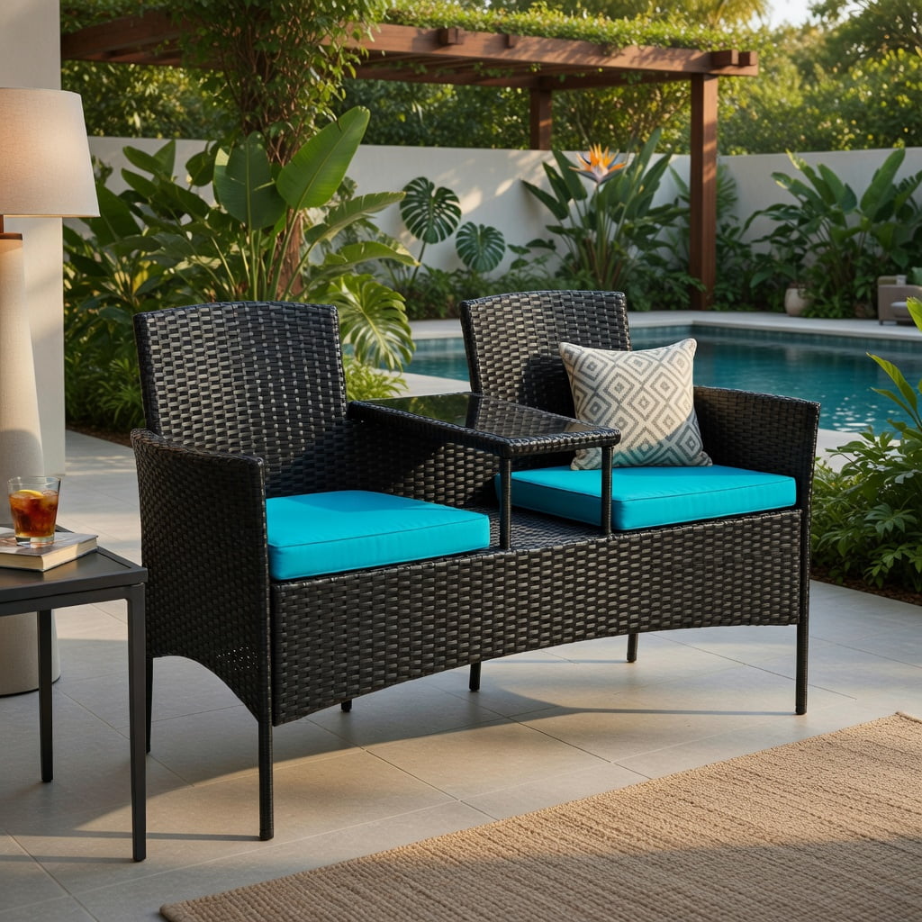 Hommoo Wicker Patio Conversation Set, Outdoor Sofa Set with Removable Cushions, Tempered Glass Table, Weather-Resistant Rattan, for Balcony, Poolside & Garden, Turquoise