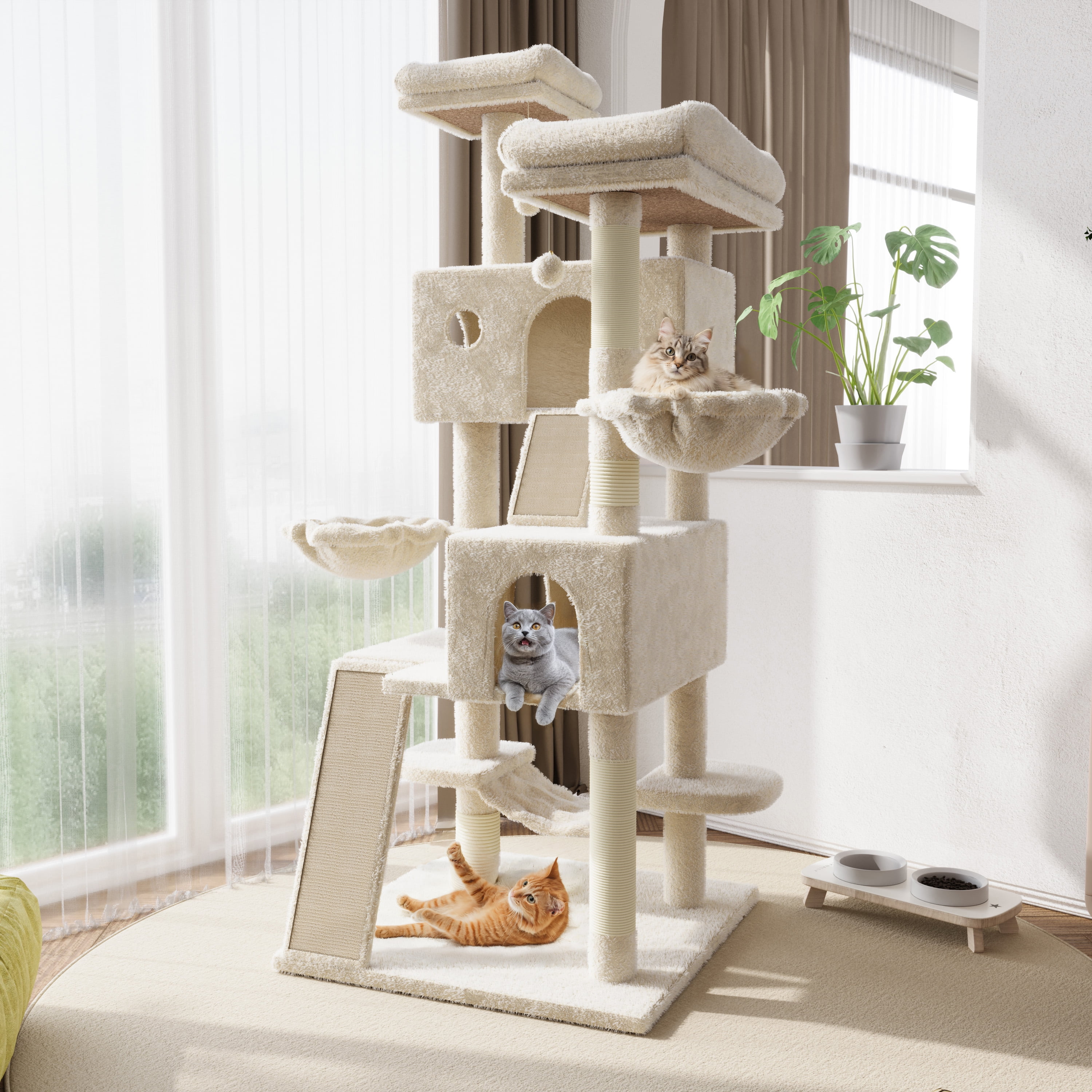 Amolife 65.7" Large Cat Tree and Tower Condo for Indoor Cats with 2 Scratching Boards, Hammock & Post, Beige