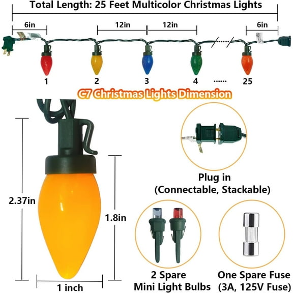 YUYAN-25Ft Christmas Lights Outdoor, C7 LED Christmas Lights with 25 Shatterproof Colored Light Bulbs, Plug in Waterproof Vintage Christmas Light for Patio Camping Garden Wedding Xmas Outdoor Decor
