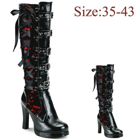 

Wefuesd Fashion Women Cross Tied Leather Kneeth Platform Boots Gothic Bows Shoes Womens Fashion Winter Boots For Women Red 42